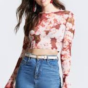 Sheer Floral long sleeve crop top
